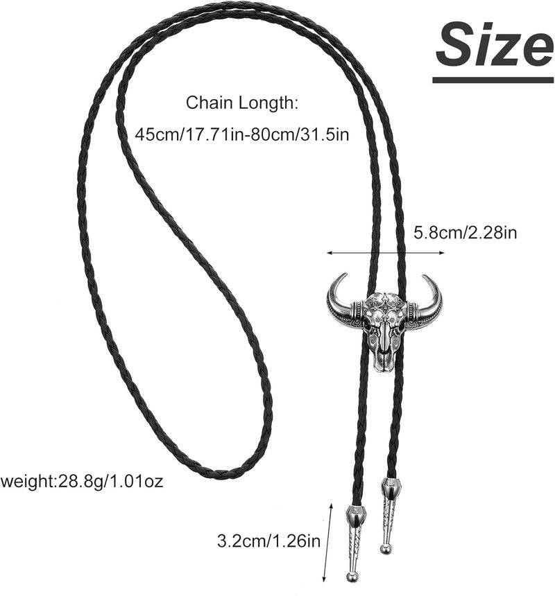 ElevateTech Bolo Tie for Men Rodeo Cowboy Leather Necktie Western Necklace Silver Bolo Necktie Cow Skull Cowboy Tie Halloween Costume Accessories Christmas Gift Men Women - Image 2